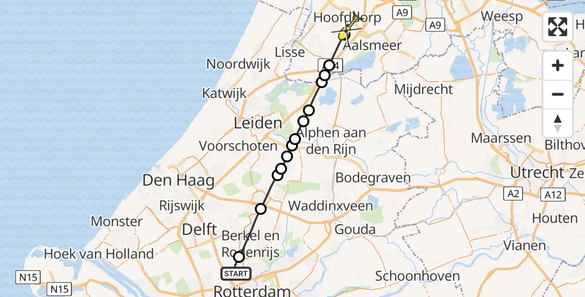 Routekaart van de vlucht: Lifeliner 2 naar Hoofddorp, A16 Rotterdam