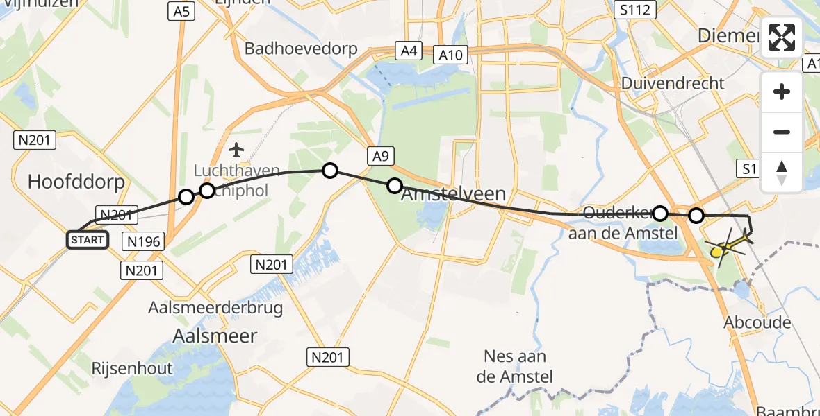 Routekaart van de vlucht: Lifeliner 2 naar Academisch Medisch Centrum (AMC), Rijnlanderweg