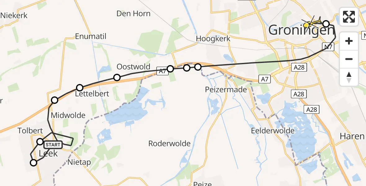 Routekaart van de vlucht: Lifeliner 4 naar Universitair Medisch Centrum Groningen, de Gorn