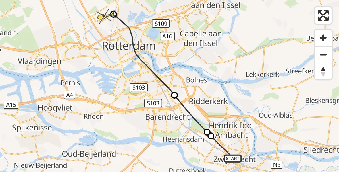 Routekaart van de vlucht: Lifeliner 2 naar Rotterdam The Hague Airport, Bootjessteeg