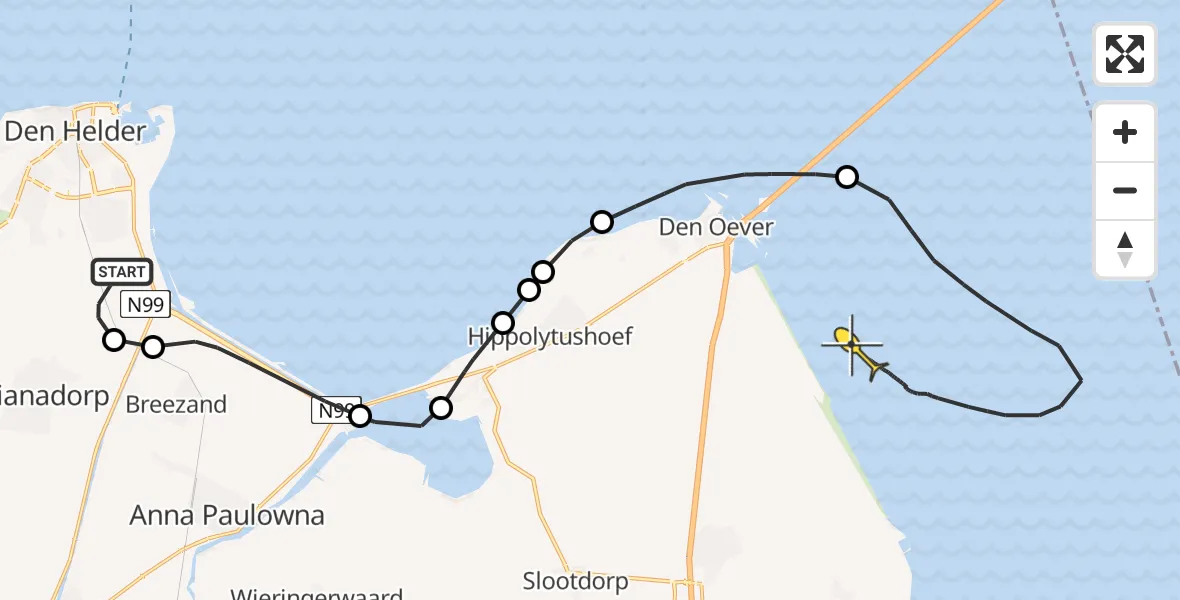 Routekaart van de vlucht: Kustwachthelikopter naar Wieringerwerf, Middenvliet