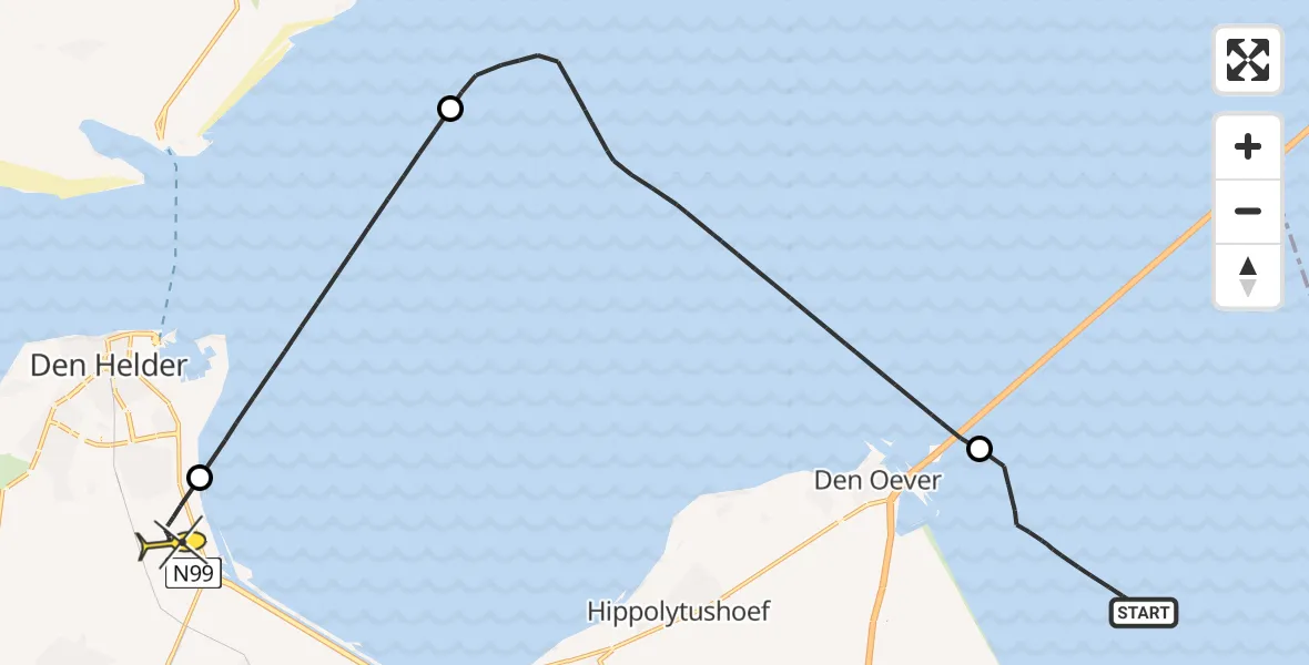 Routekaart van de vlucht: Kustwachthelikopter naar Vliegveld De Kooy, Vaarwater langs Nieuwe Zeug