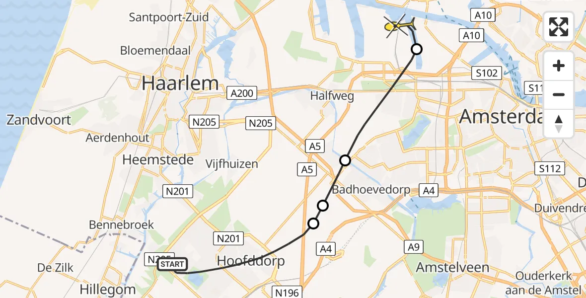 Routekaart van de vlucht: Lifeliner 1 naar Amsterdam Heliport, Van Heuven Goedhartlaan
