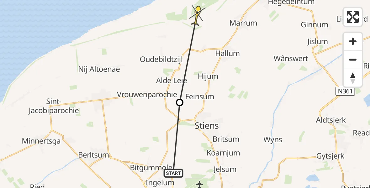 Routekaart van de vlucht: Ambulancehelikopter naar Marrum, Slachtedyk