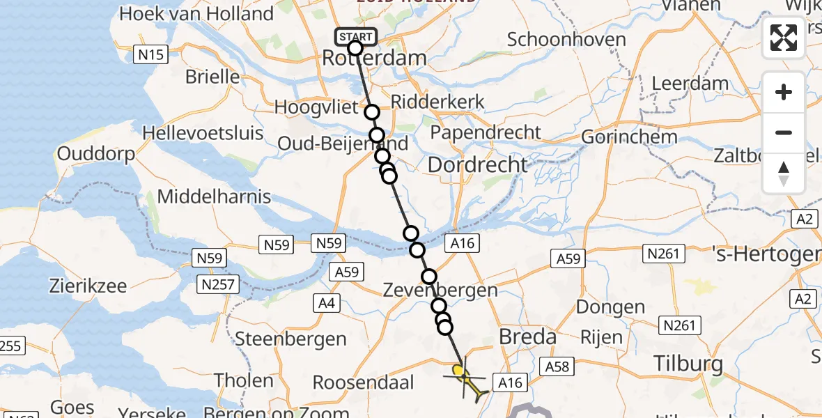Routekaart van de vlucht: Lifeliner 2 naar Etten-Leur, Ypenburgstraat