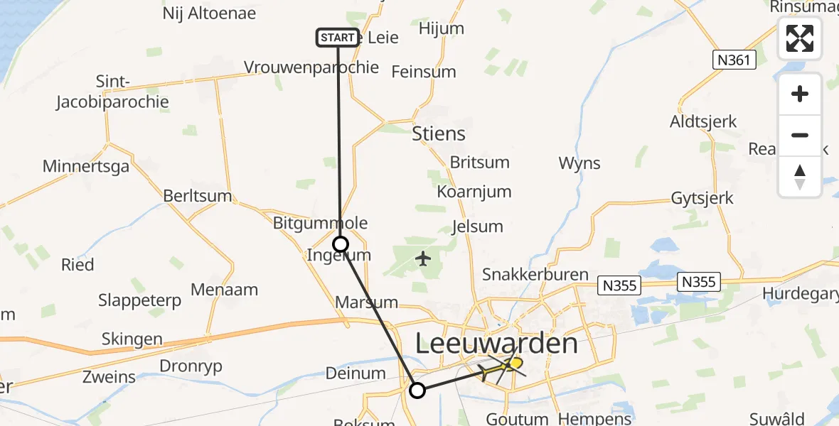Routekaart van de vlucht: Ambulanceheli naar Leeuwarden, Harnedyk