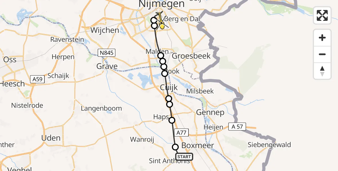Routekaart van de vlucht: Lifeliner 3 naar Radboud Universitair Medisch Centrum, Ledeackersche Beek