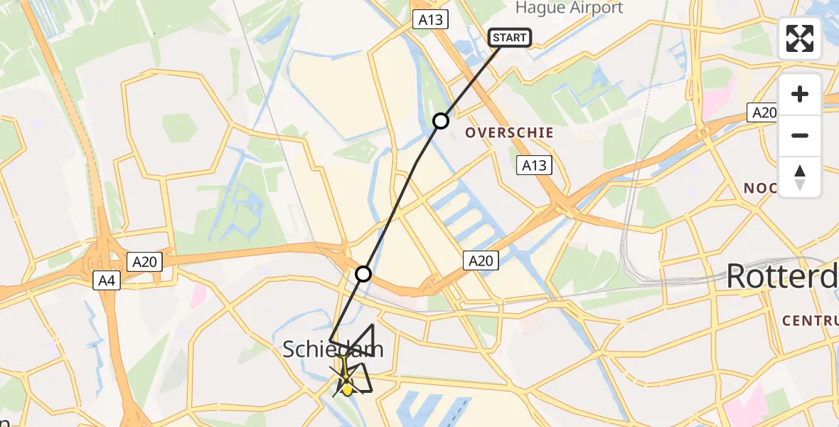 Routekaart van de vlucht: Lifeliner 2 naar Schiedam, Overschiese Dorpsstraat