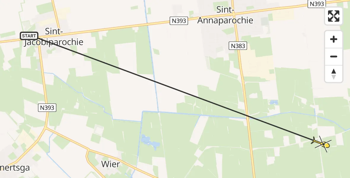 Routekaart van de vlucht: Ambulancehelikopter naar St.-Annaparochie, Langhuisterweg