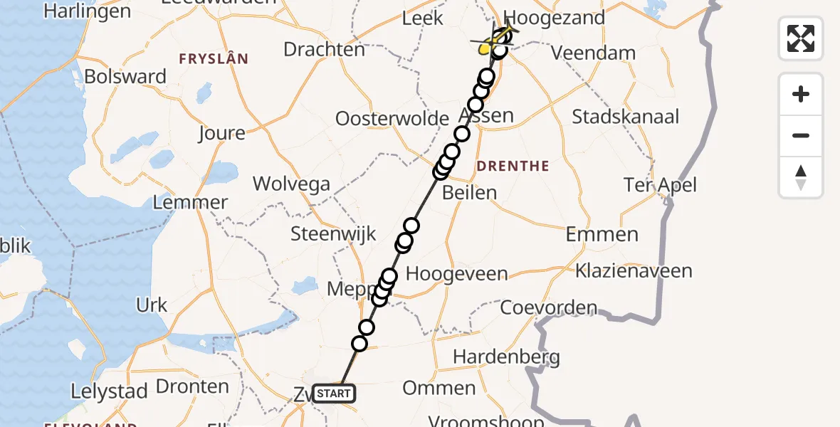 Routekaart van de vlucht: Lifeliner 4 naar Groningen Airport Eelde, Tussen de Verlaten