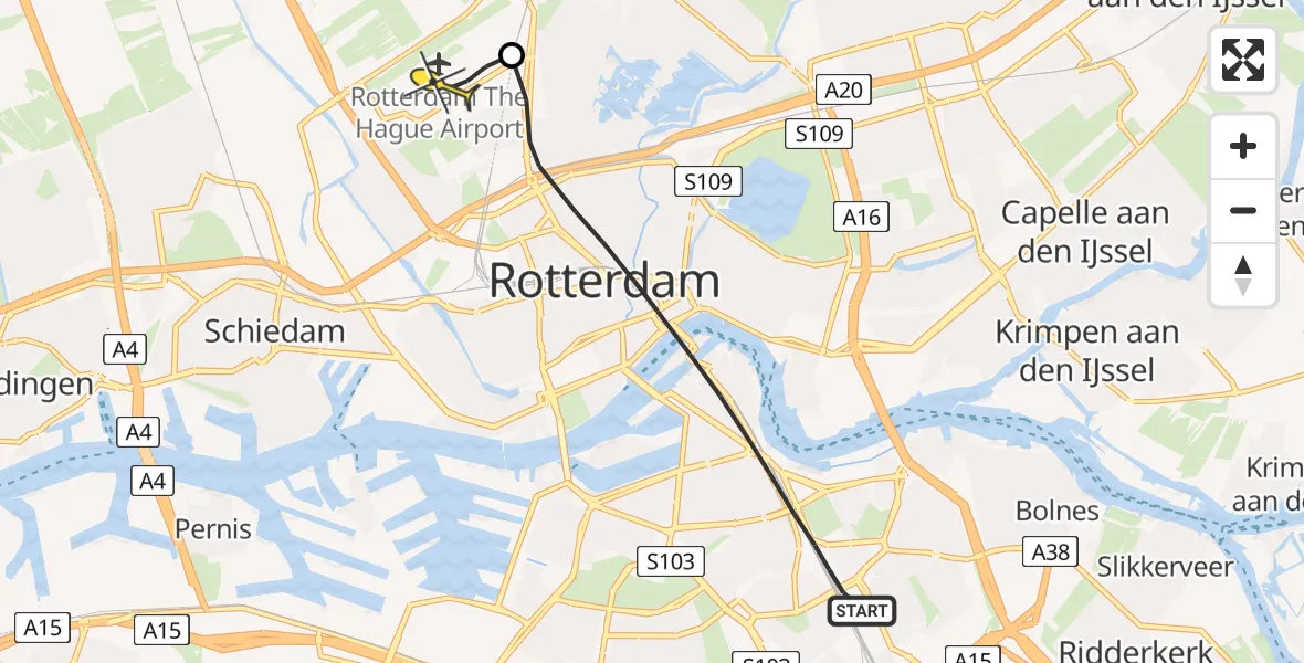 Routekaart van de vlucht: Lifeliner 2 naar Rotterdam The Hague Airport, Buitendijktunnel