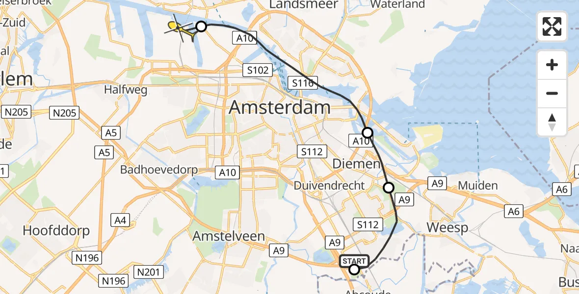 Routekaart van de vlucht: Lifeliner 1 naar Amsterdam Heliport, Ruwelspad