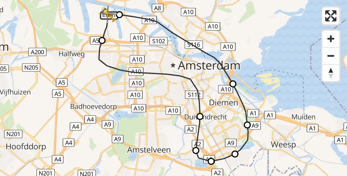 Vluchtroute Traumahelikopter van Amsterdam Heliport naar Amsterdam Heliport