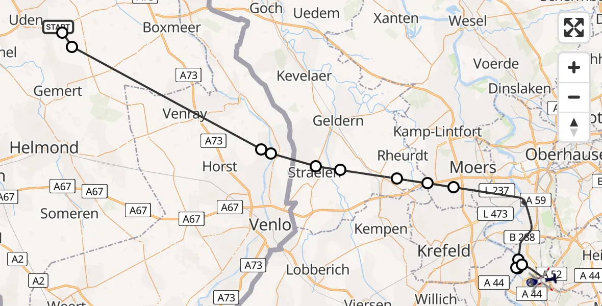 Vluchtroute Politiehelikopter van Vliegbasis Volkel naar 
