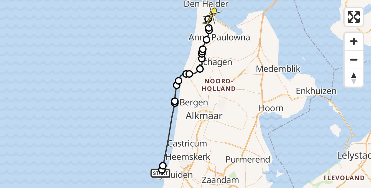 Routekaart van de vlucht: Kustwachthelikopter naar Vliegveld De Kooy, Golfsurfpad