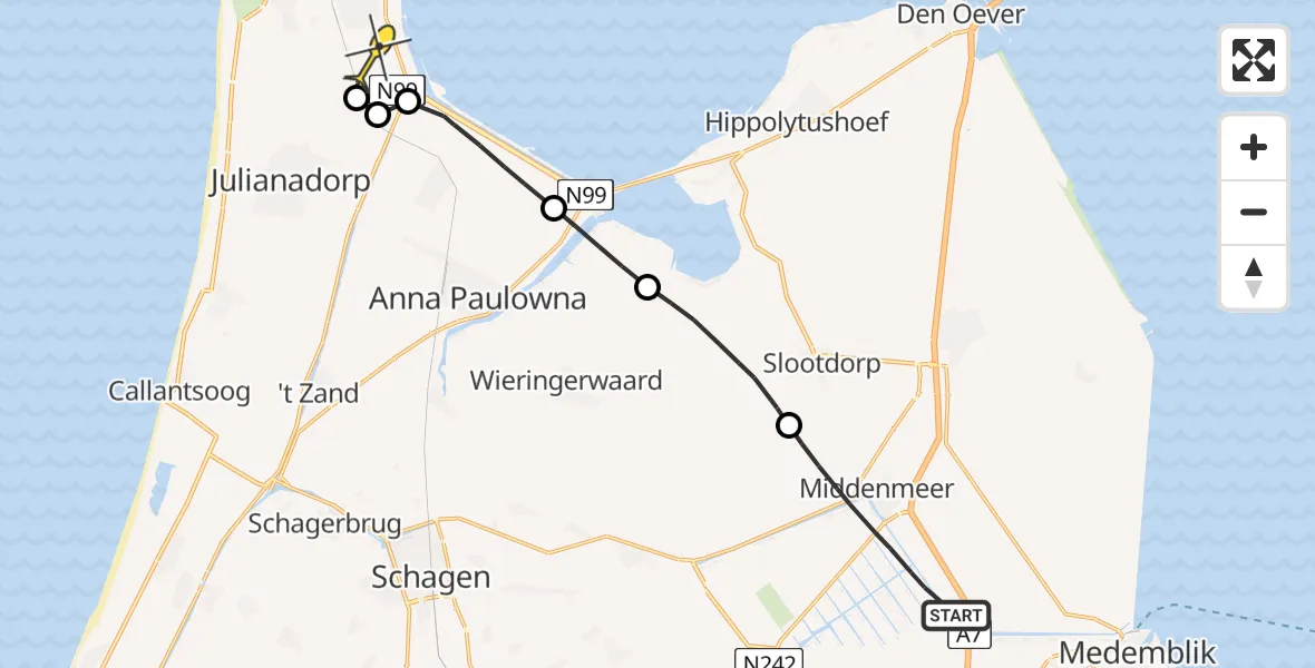 Routekaart van de vlucht: Lifeliner 1 naar Vliegveld De Kooy, Cultuurweg
