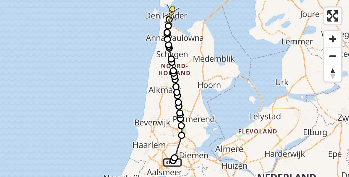 Routekaart van de vlucht: Politieheli naar Den Helder, Aalsmeer