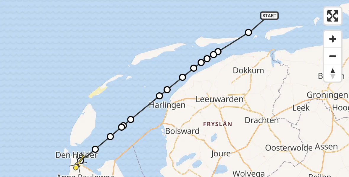 Routekaart van de vlucht: Politieheli naar Vliegveld De Kooy, Doggersvaart