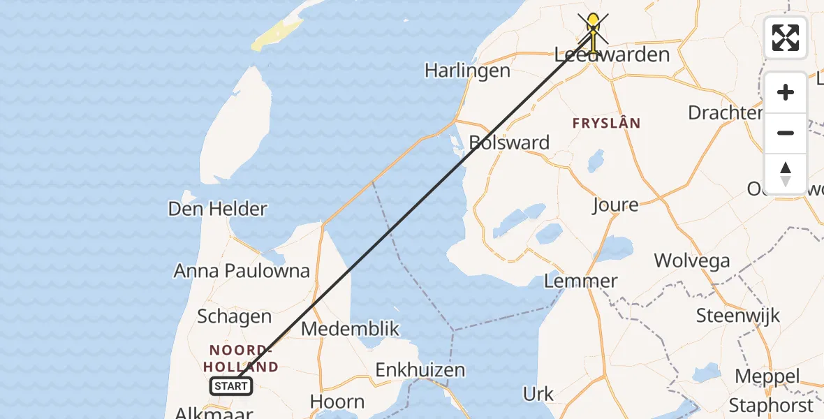 Routekaart van de vlucht: Traumaheli naar Vliegbasis Leeuwarden, Keegsdijkje