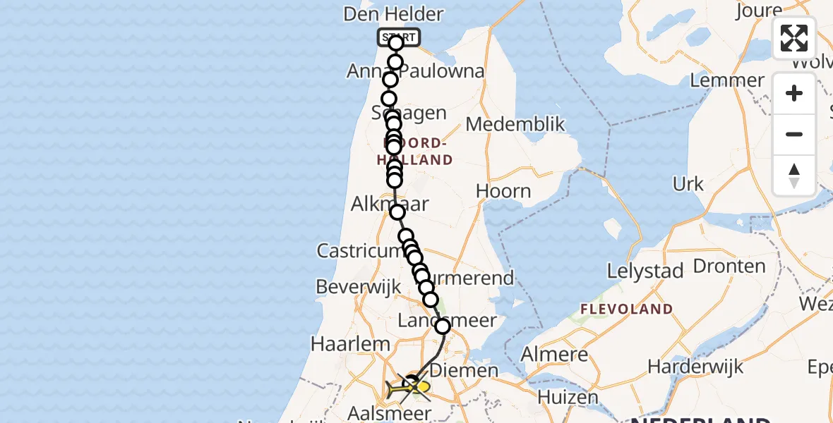 Routekaart van de vlucht: Politieheli naar Schiphol, Rijksweg