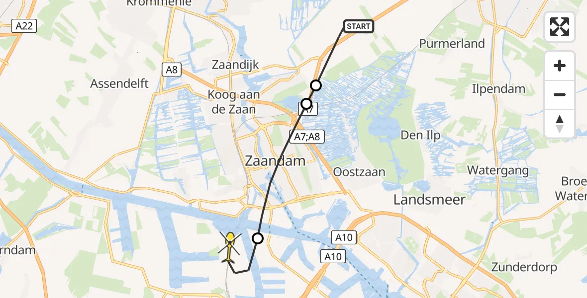 Routekaart van de vlucht: Lifeliner 2 naar Amsterdam Heliport, Leeghwaterweg
