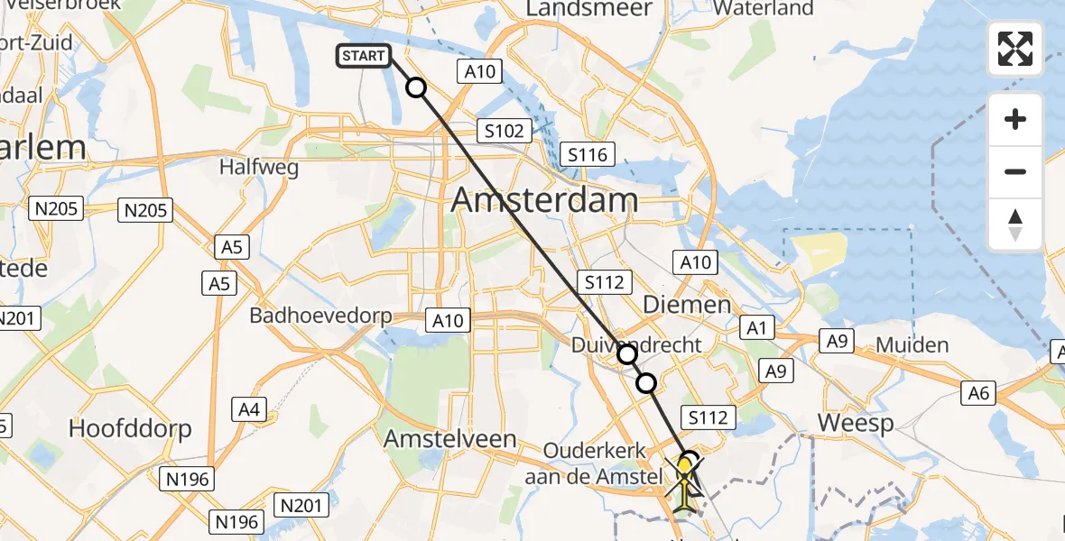 Routekaart van de vlucht: Lifeliner 2 naar Academisch Medisch Centrum (AMC), Westhavenweg