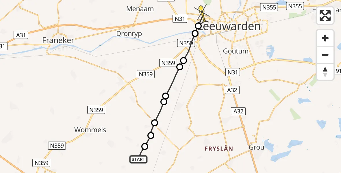Routekaart van de vlucht: Ambulanceheli naar Leeuwarden, Molmawei
