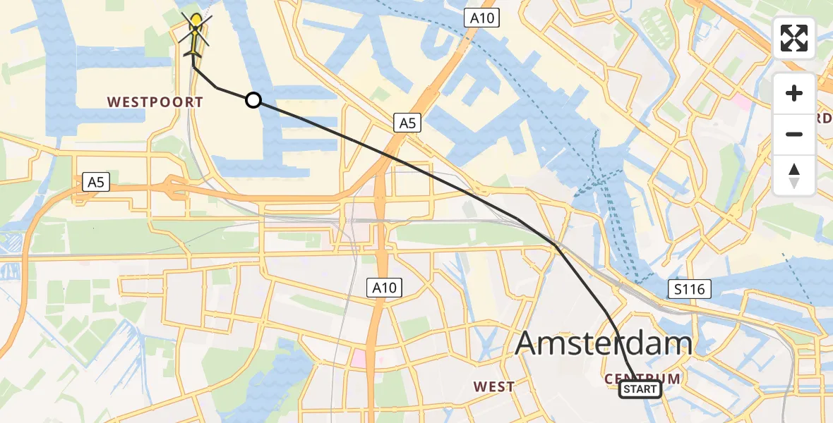 Routekaart van de vlucht: Lifeliner 1 naar Amsterdam Heliport, Teerketelsteeg