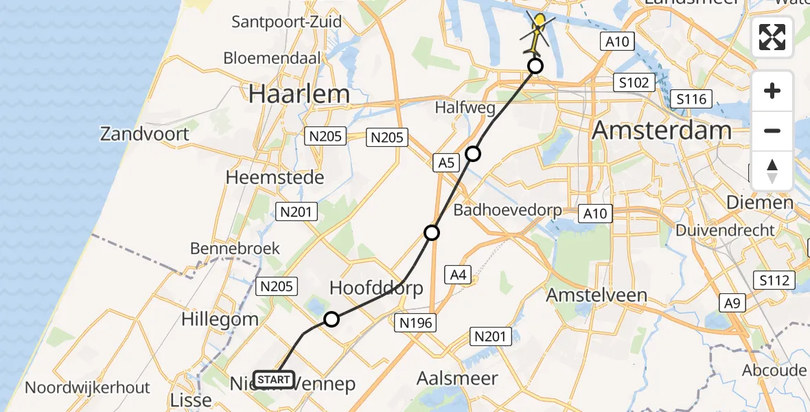 Routekaart van de vlucht: Lifeliner 1 naar Amsterdam Heliport, Lucas Bolsstraat