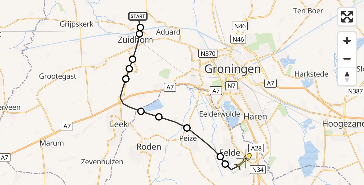 Routekaart van de vlucht: Lifeliner 4 naar Groningen Airport Eelde, Van Starkenborghkanaal Noordzijde