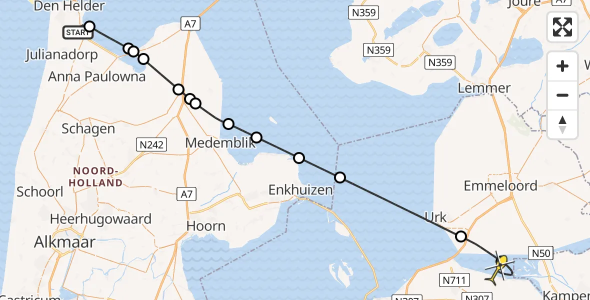 Routekaart van de vlucht: Kustwachthelikopter naar Dronten, Balgzandkanaal