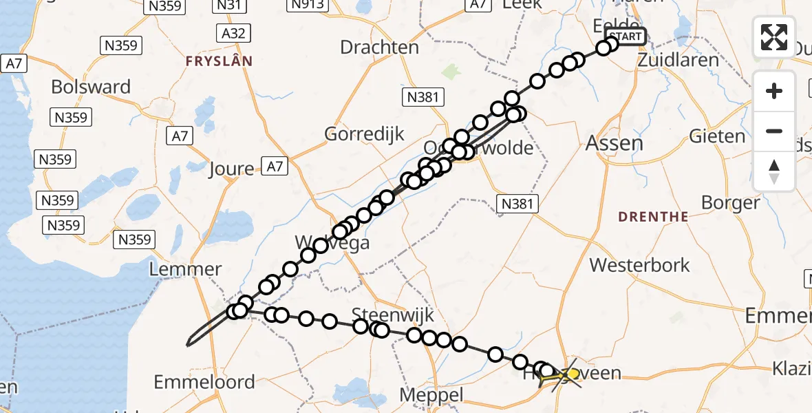 Routekaart van de vlucht: Lifeliner 4 naar Hoogeveen, Eekhoornstraat