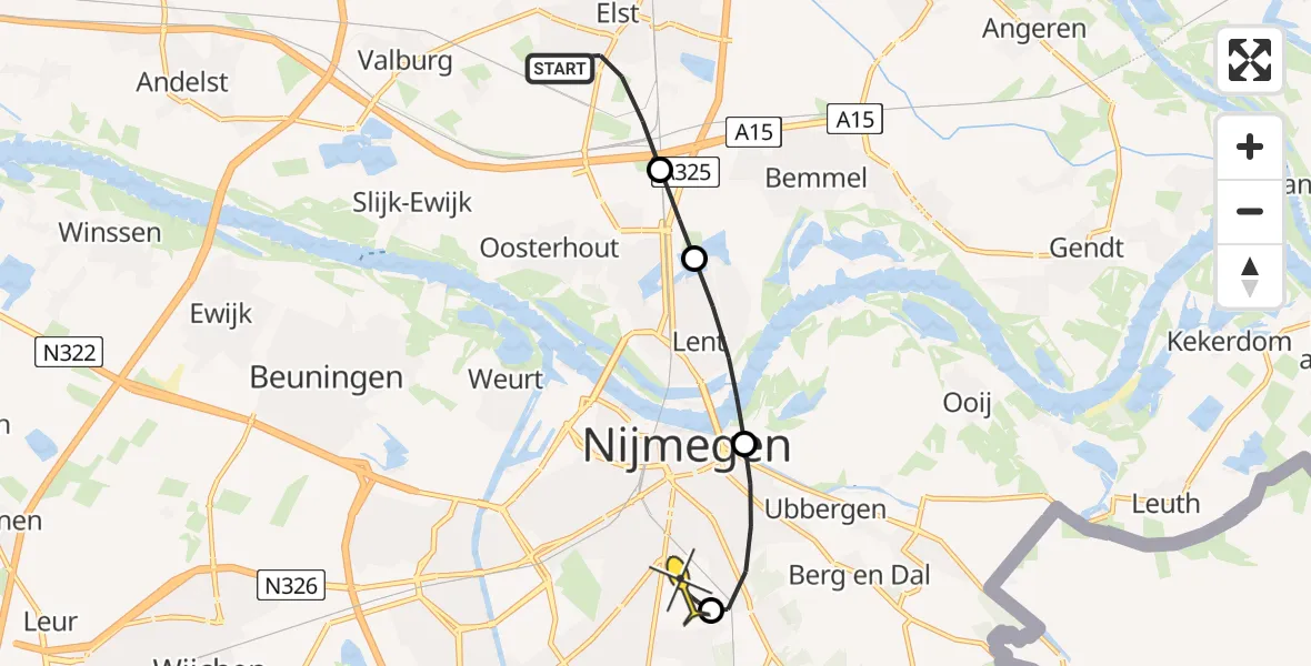 Routekaart van de vlucht: Lifeliner 3 naar Radboud Universitair Medisch Centrum, De Pas