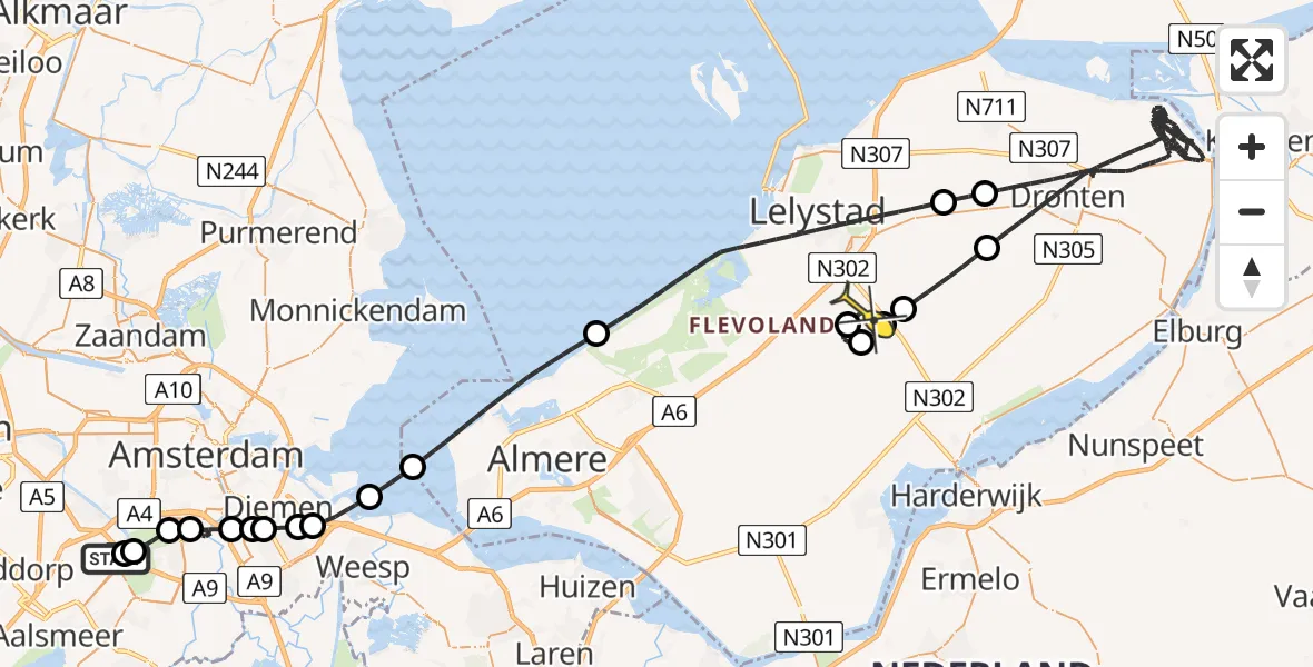 Routekaart van de vlucht: Politieheli naar Lelystad Airport, Aalsmeer