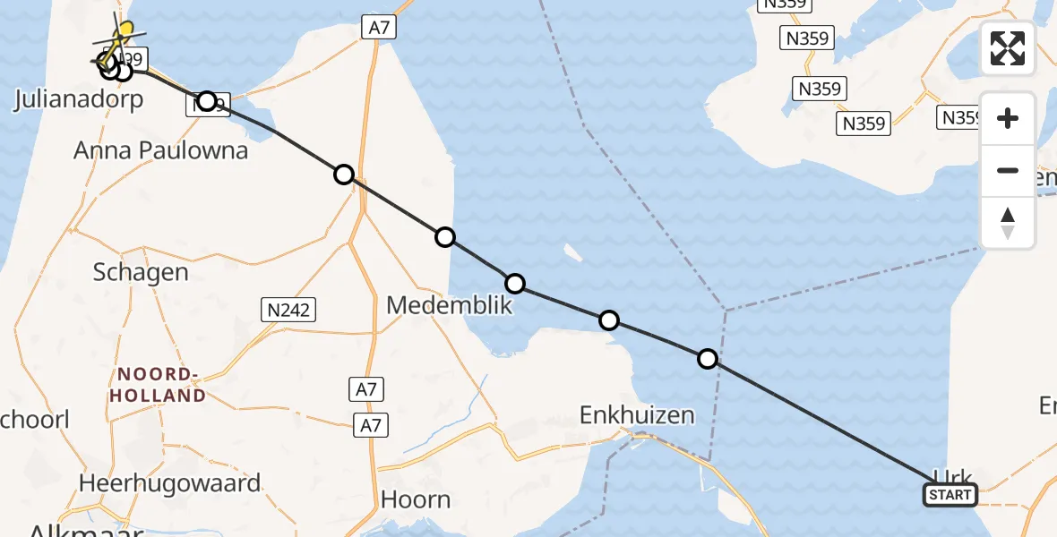 Routekaart van de vlucht: Kustwachthelikopter naar Vliegveld De Kooy, Staverse Kade