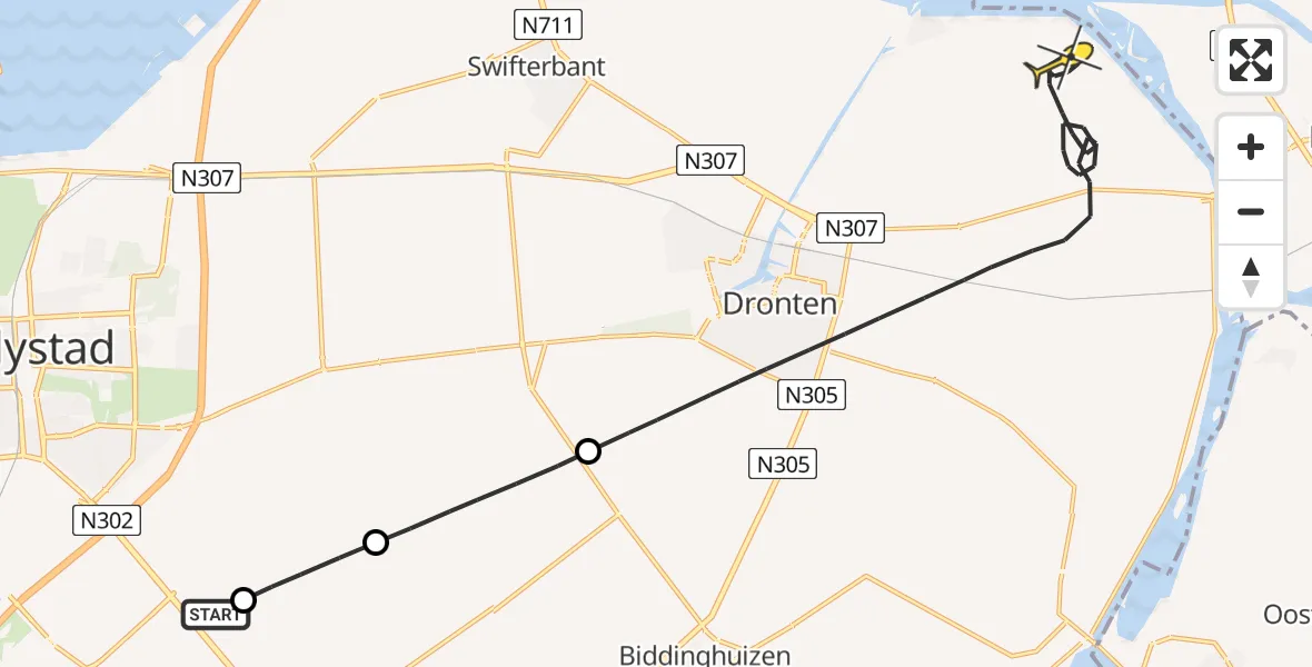 Routekaart van de vlucht: Politieheli naar Dronten, Zwanentocht