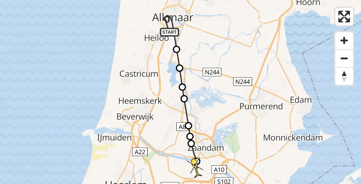 Routekaart van de vlucht: Lifeliner 1 naar Amsterdam Heliport, Koning Willem-Alexanderlaan