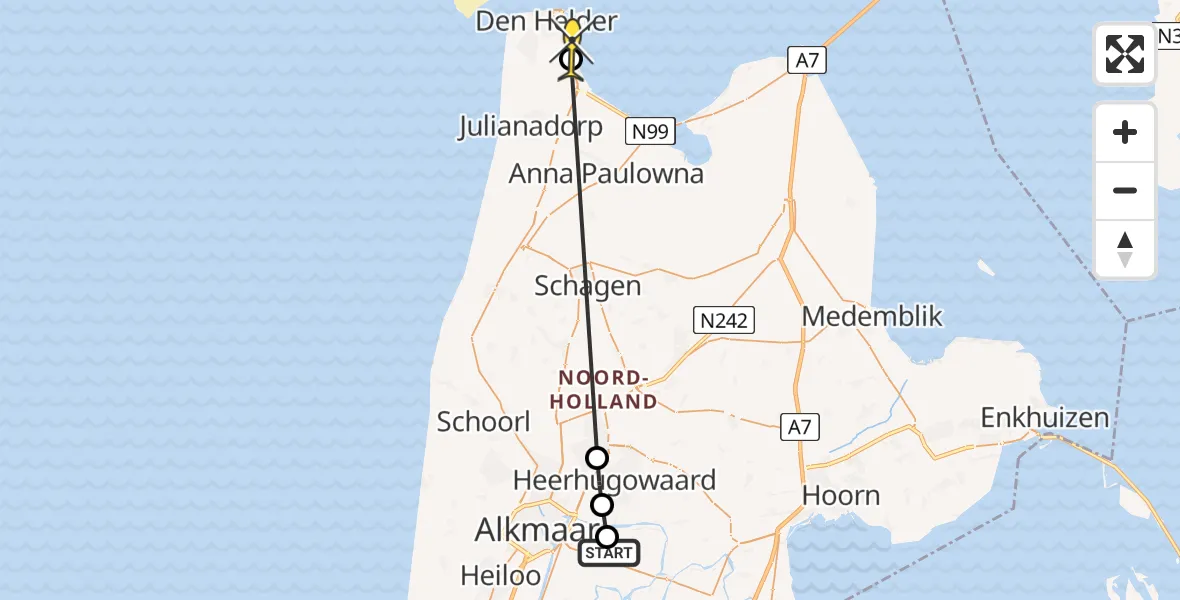 Routekaart van de vlucht: Politieheli naar Den Helder, Maria Rutgersland