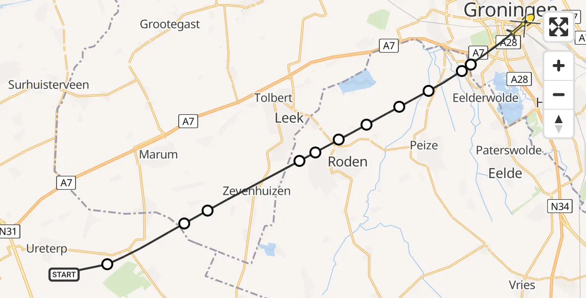 Routekaart van de vlucht: Politieheli naar Groningen, Beakendyk