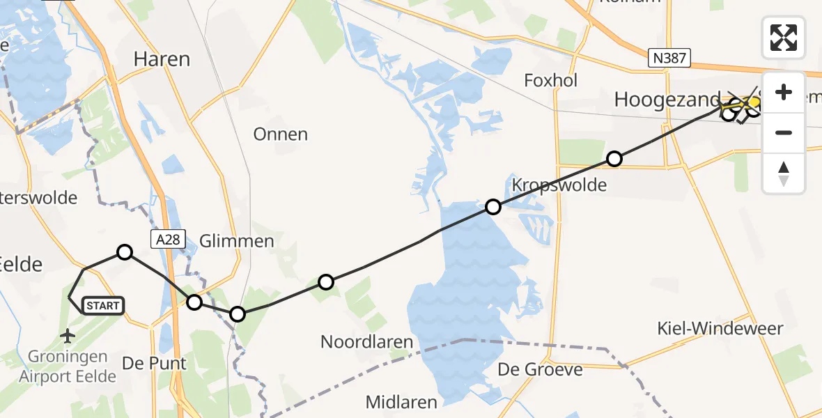 Routekaart van de vlucht: Lifeliner 4 naar Sappemeer, Burg. J.G. Legroweg