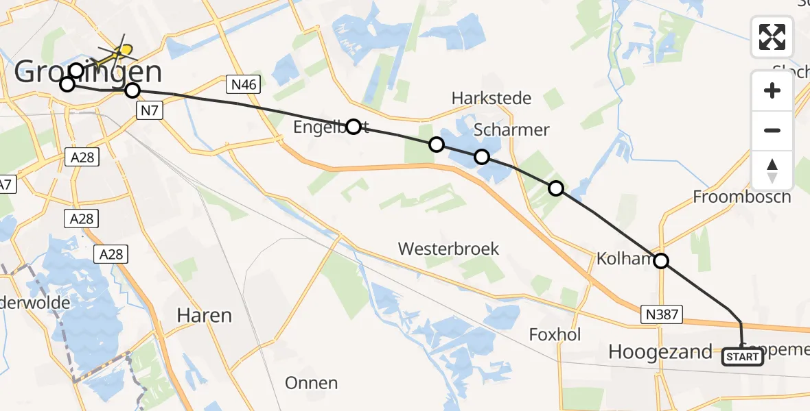 Routekaart van de vlucht: Lifeliner 4 naar Universitair Medisch Centrum Groningen, Achterdiep Noordzijde