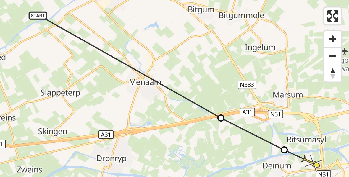 Routekaart van de vlucht: Ambulanceheli naar Deinum, Waadseewei