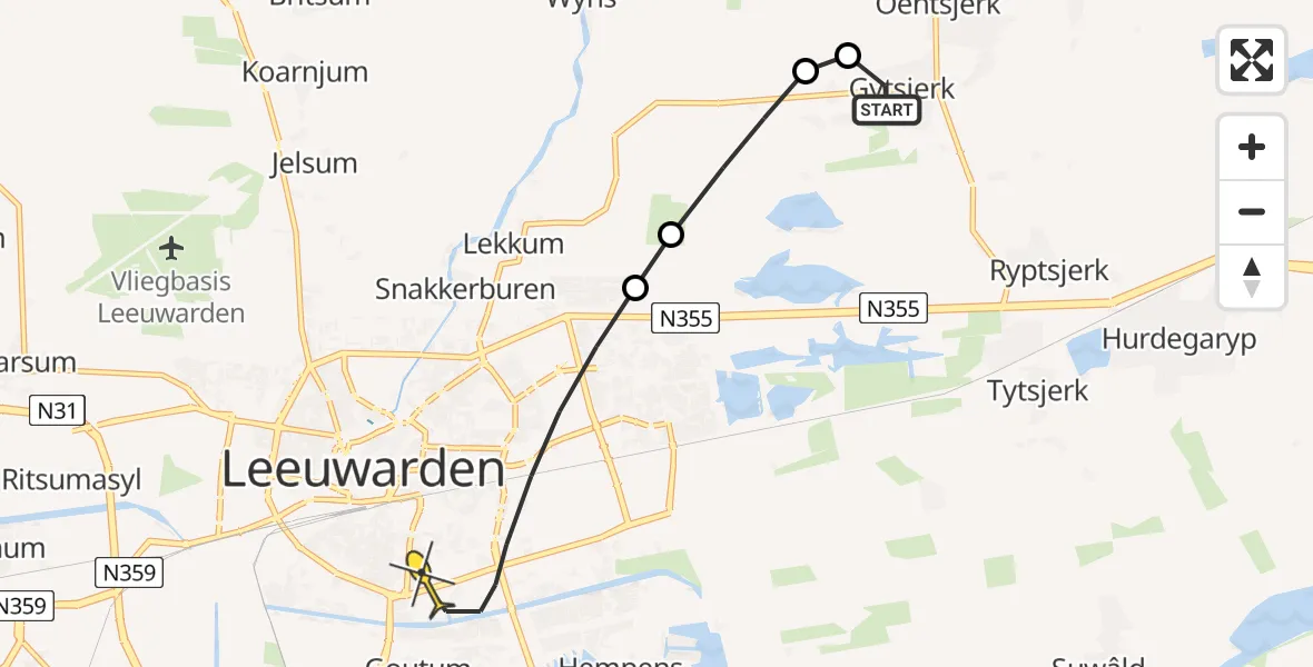 Routekaart van de vlucht: Lifeliner 4 naar Leeuwarden, Canterlandseweg