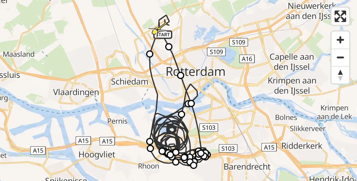 Routekaart van de vlucht: Politiehelikopter naar Rotterdam The Hague Airport, Schielandstraat