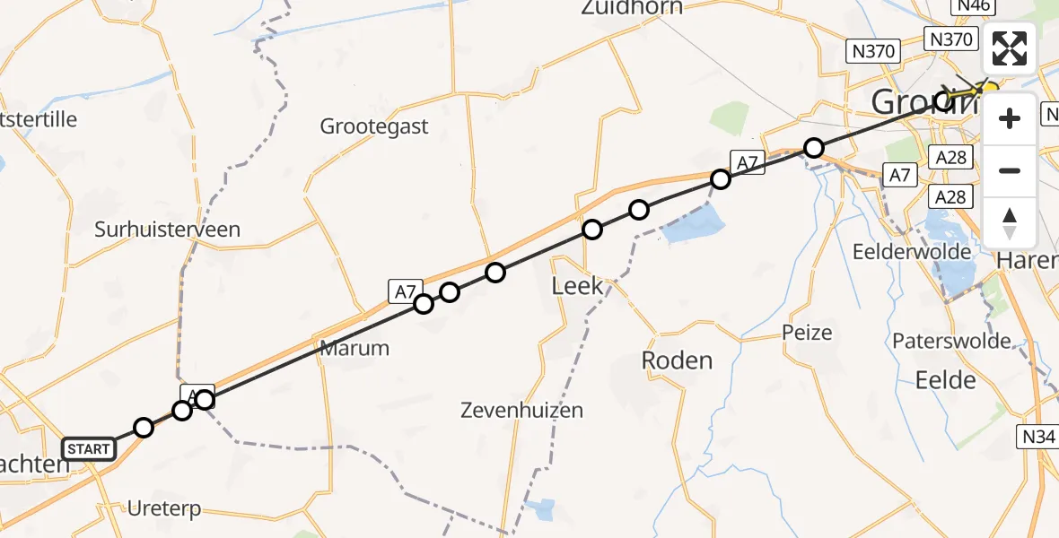 Routekaart van de vlucht: Lifeliner 4 naar Universitair Medisch Centrum Groningen, De Doese