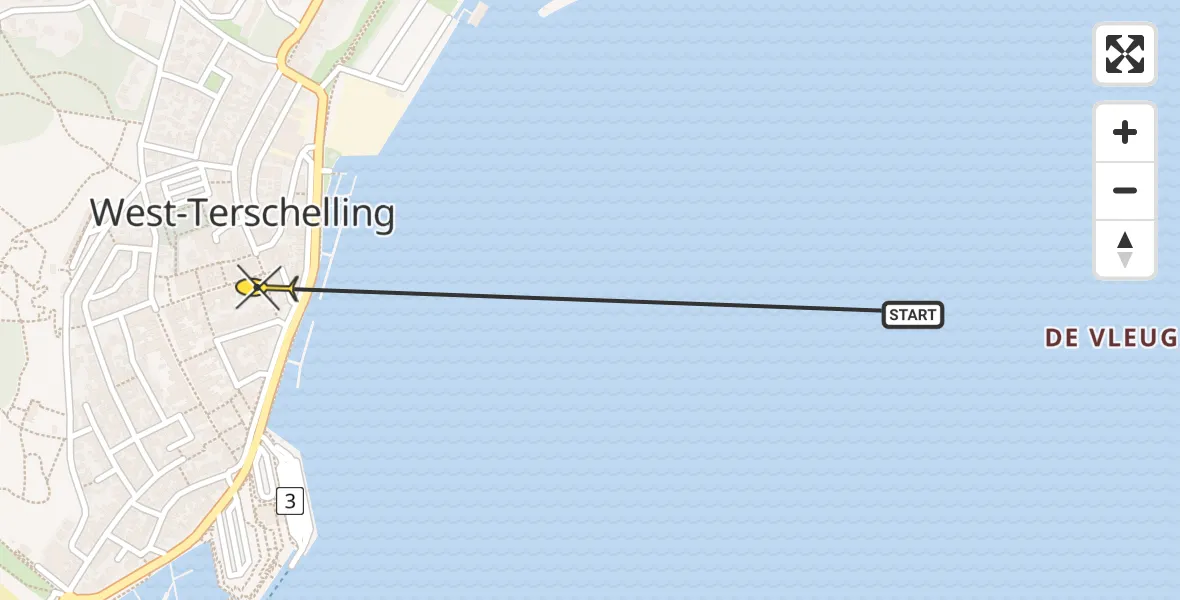 Routekaart van de vlucht: Ambulancehelikopter naar West-Terschelling, Burgemeester Reedekerstraat
