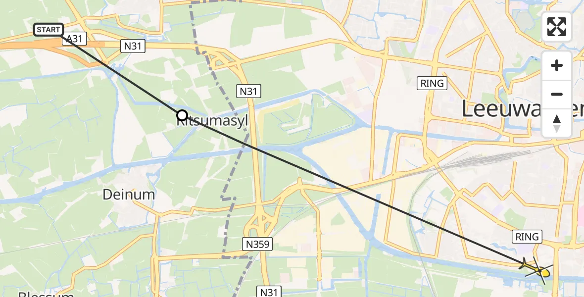 Vluchtroute Ambulancehelikopter van Marsum naar Leeuwarden