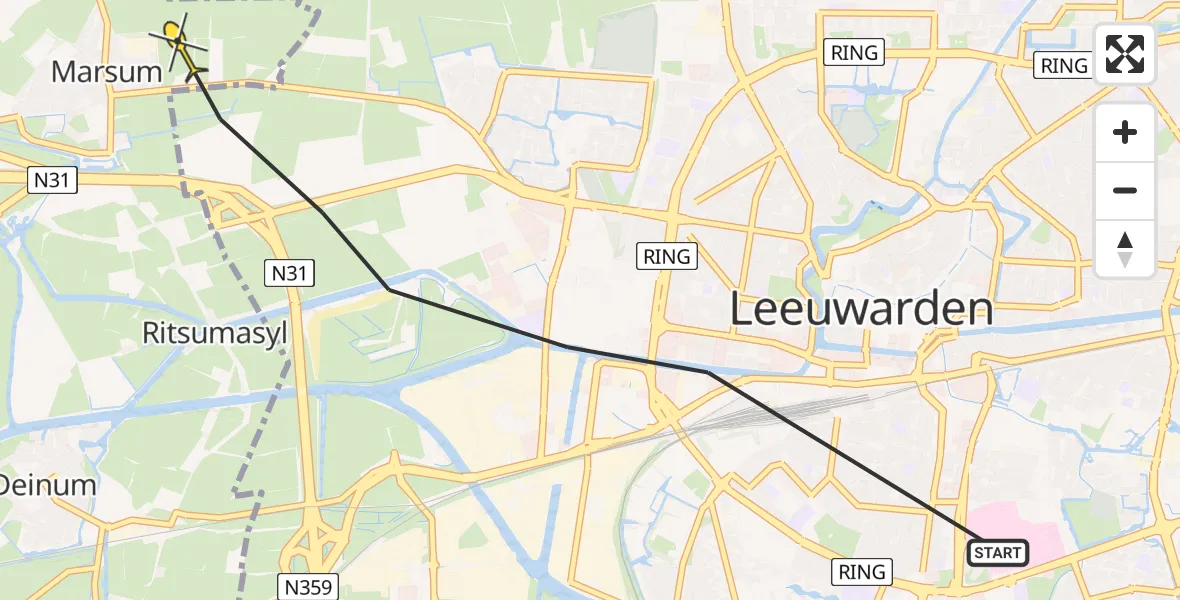 Vluchtroute Ambulancehelikopter van Leeuwarden naar Marsum