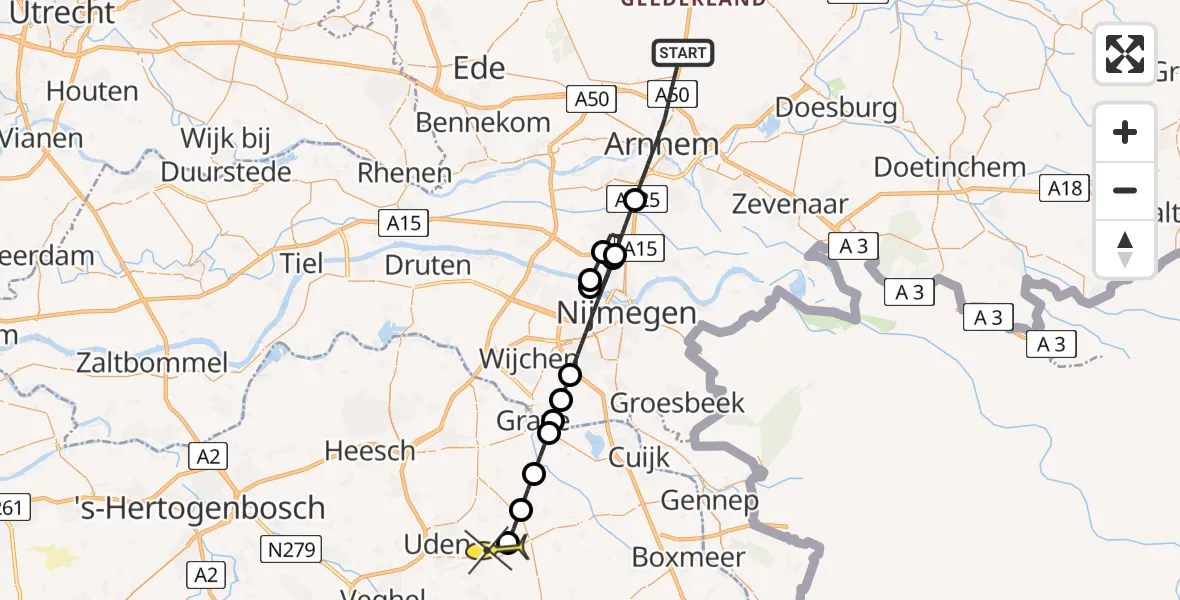 Routekaart van de vlucht: Lifeliner 3 naar Vliegbasis Volkel, Delhuijzenweg