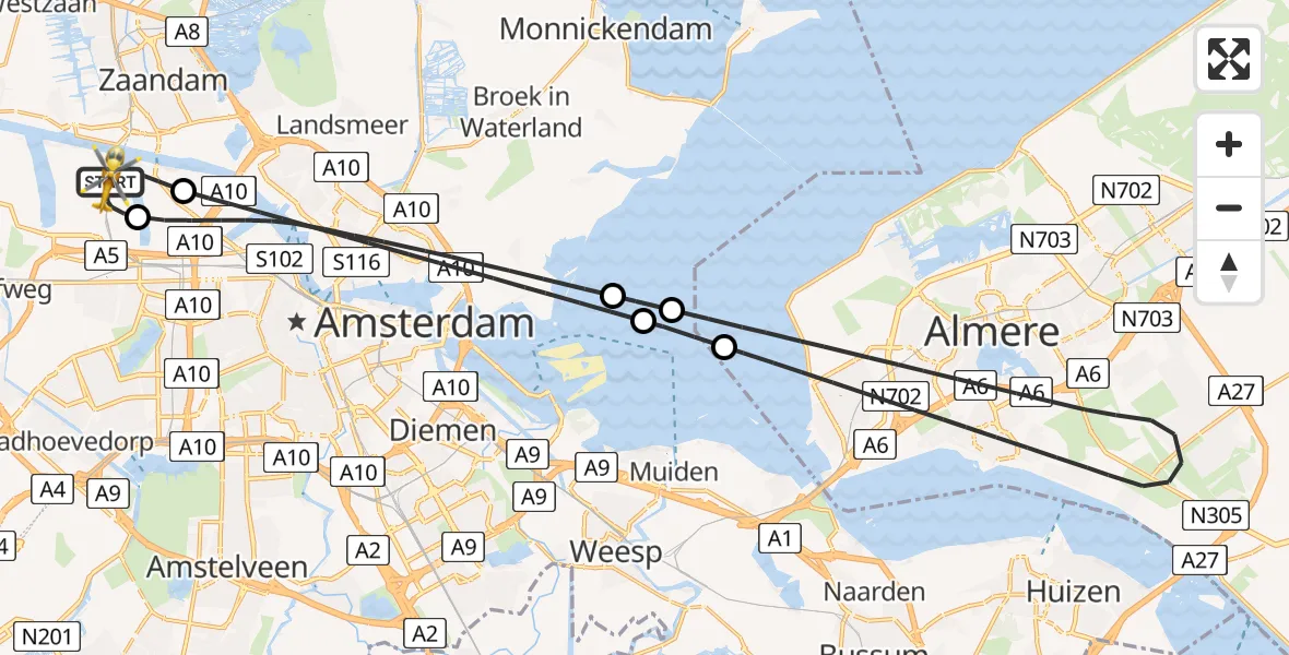Vluchtroute Traumahelikopter van Amsterdam Heliport naar Amsterdam Heliport